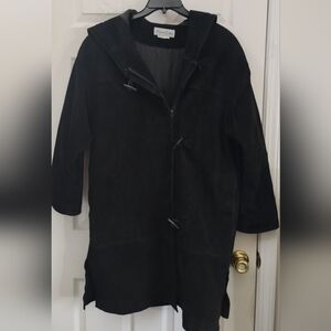 Women's Black Hooded Suede Trench Coat